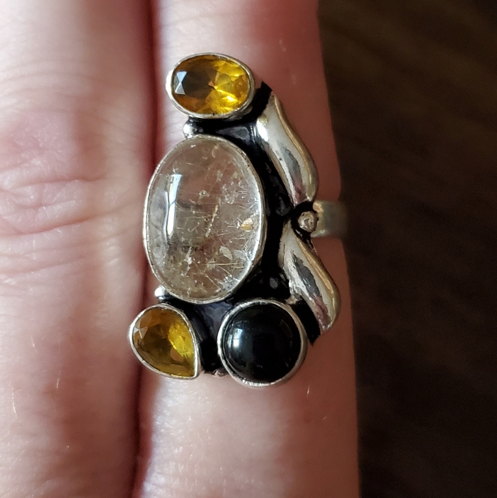 New Rutile Quartz, Citrine, Black Onyx 925 Silver Ring.